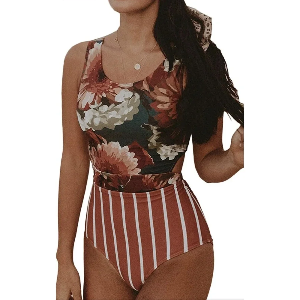 Almarea Women's Top Size Small Floral High Neck Zip Tie Back Orange - Picture 3 of 12
